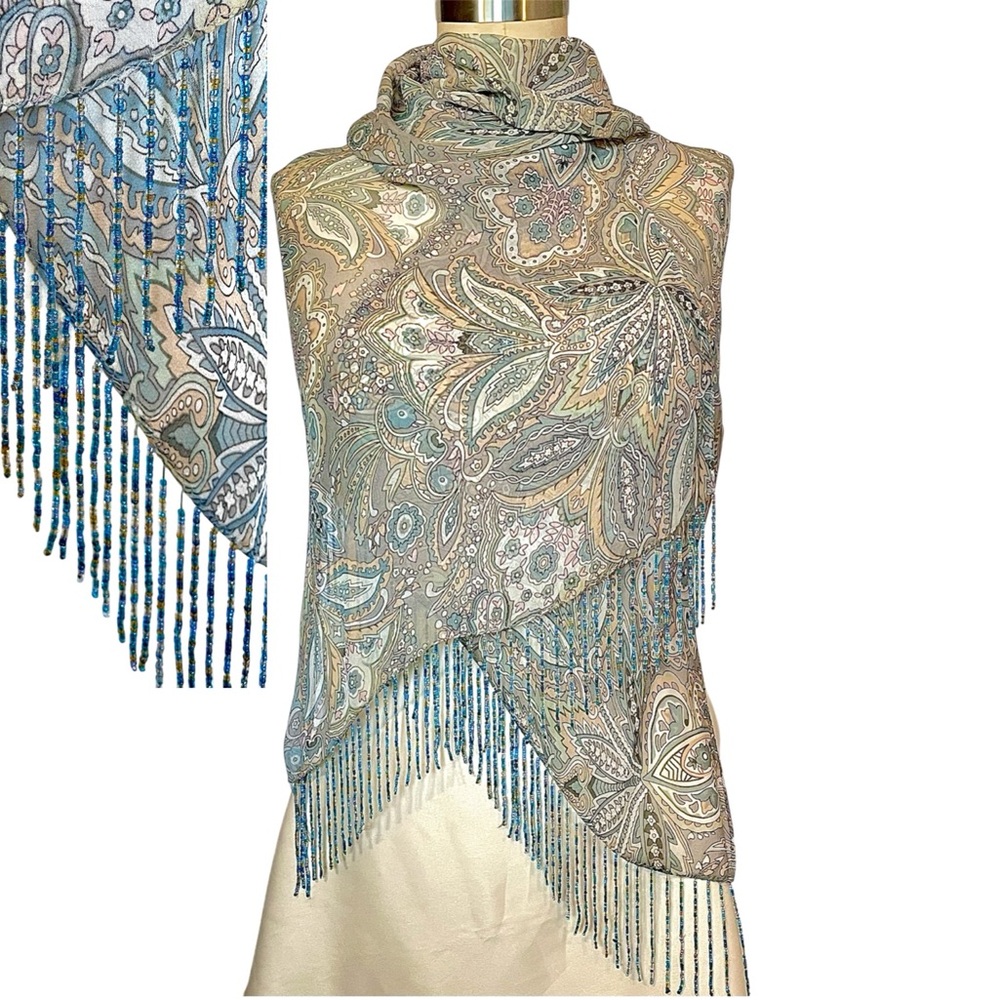 Vintage Silky Sheer Paisley large Scarf Beaded Fringe blue beige shawl wrap